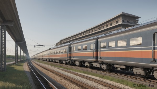 outdoors,sky,day,cloud,no humans,grass,ground vehicle,building,scenery,motor vehicle,power lines,utility pole,train,train station,railroad tracks,blue sky