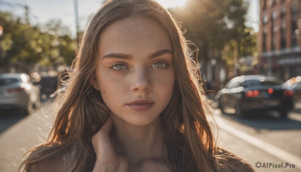 1girl, solo, long hair, looking at viewer, brown hair, brown eyes, jewelry, closed mouth, earrings, outdoors, day, mole, blurry, lips, depth of field, blurry background, thick eyebrows, ground vehicle, portrait, motor vehicle, freckles, realistic, nose, car, road, hand on own neck, mole on cheek