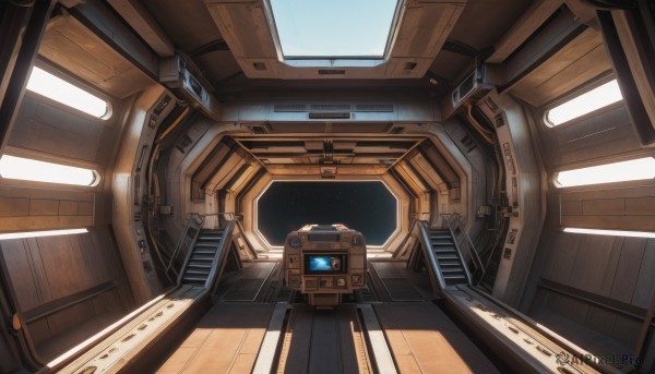 sky,indoors,no humans,window,star (sky),scenery,science fiction,space,spacecraft,seat,robot,wooden floor,stairs,realistic,light,screen