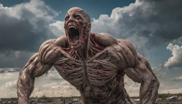 solo,open mouth,1boy,upper body,male focus,outdoors,sky,teeth,day,cloud,no humans,muscular,cloudy sky,veins,monster,realistic,bald,giant,horror (theme),blue sky,blood