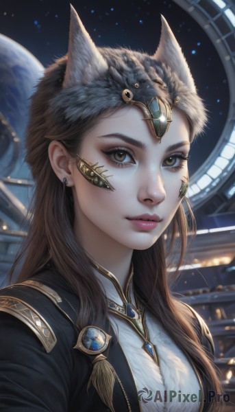 1girl,solo,long hair,looking at viewer,brown hair,animal ears,brown eyes,jewelry,closed mouth,jacket,upper body,earrings,artist name,necklace,lips,black jacket,fox ears,eyelashes,brooch,gem,portrait,star (sky),freckles,realistic,nose,space,planet,black hair,signature,makeup,facial mark,wolf ears,feathers,extra ears,headpiece