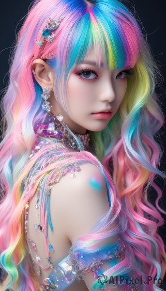 1girl,solo,long hair,looking at viewer,bangs,blonde hair,simple background,hair ornament,bare shoulders,jewelry,closed mouth,blue hair,upper body,pink hair,multicolored hair,earrings,looking back,blunt bangs,necklace,black eyes,from side,two-tone hair,lips,streaked hair,gradient,grey eyes,eyelashes,aqua hair,gradient hair,makeup,wavy hair,lipstick,black background,gem,armlet,eyeshadow,pink lips,realistic,nose,eyeliner,colorful,mascara,pearl (gemstone),rainbow hair,blue eyes,green hair,choker,artist name,watermark