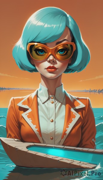 1girl,solo,breasts,looking at viewer,short hair,bangs,blue eyes,shirt,medium breasts,closed mouth,blue hair,jacket,white shirt,upper body,outdoors,sky,collared shirt,artist name,water,lips,eyelashes,aqua hair,makeup,swept bangs,ocean,sunglasses,bob cut,lipstick,eyeshadow,partially submerged,sunset,nose,red lips,watercraft,tinted eyewear,boat,dress shirt,mask,ship