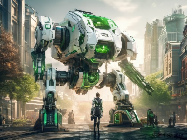 1girl,short hair,brown hair,weapon,outdoors,multiple boys,solo focus,cloud,bag,from behind,tree,gun,glowing,backpack,robot,ground vehicle,building,scenery,mecha,motor vehicle,walking,science fiction,city,car,road,police,lamppost,street,police uniform,traffic light,standing,sky,day,crowd