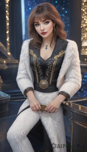 1girl,solo,long hair,breasts,looking at viewer,smile,bangs,brown hair,holding,cleavage,brown eyes,jewelry,medium breasts,weapon,earrings,belt,pants,necklace,blurry,lips,coat,fur trim,makeup,blurry background,lipstick,stairs,realistic,white pants,red lips,fur coat,long sleeves,standing,indoors,watermark