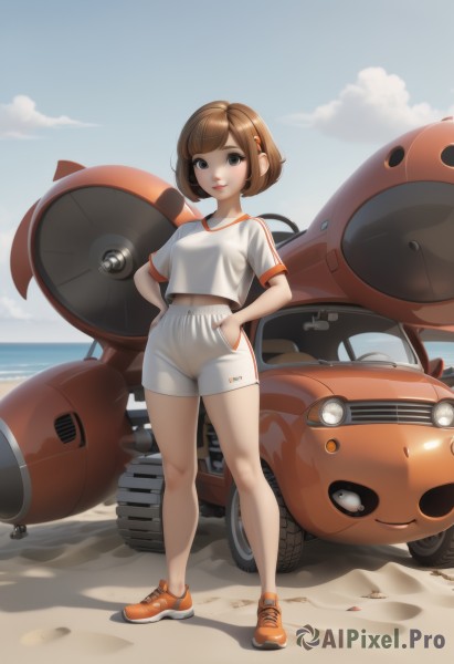 1girl,solo,breasts,looking at viewer,smile,short hair,bangs,brown hair,shirt,hair ornament,navel,brown eyes,medium breasts,standing,full body,white shirt,short sleeves,small breasts,outdoors,parted lips,sky,shoes,shorts,day,hairclip,midriff,cloud,water,black eyes,blue sky,lips,crop top,short shorts,cameltoe,shadow,ocean,beach,bob cut,ground vehicle,sneakers,motor vehicle,hands on hips,white shorts,sand,car,vehicle focus,orange footwear,closed mouth,artist name,swept bangs,nose,hands in pockets