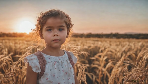 1girl,solo,looking at viewer,blue eyes,blonde hair,brown hair,shirt,dress,closed mouth,white shirt,upper body,short sleeves,outdoors,sky,bag,blurry,lips,depth of field,blurry background,backpack,child,backlighting,freckles,sunset,realistic,female child,field,wheat,short hair,parted lips,sleeveless,day,white dress,sunlight,wind,sun