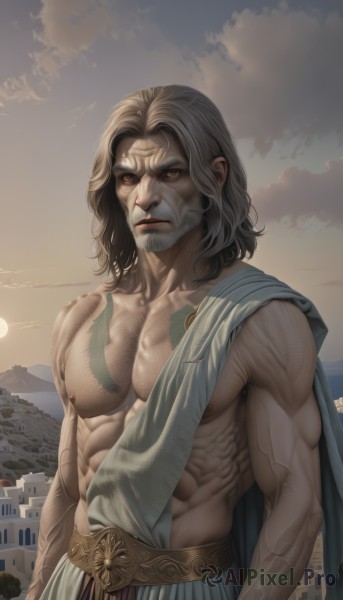 solo,looking at viewer,brown hair,1boy,brown eyes,closed mouth,nipples,upper body,grey hair,male focus,outdoors,sky,cloud,medium hair,cape,muscular,facial hair,scar,abs,pectorals,muscular male,building,bara,beard,large pectorals,veins,topless male,mountain,mature male,realistic,sun,manly,bare pectorals,chest hair,black hair,yellow eyes,tattoo,cloudy sky,scar on face,sunset,scar across eye,scar on chest,sunrise