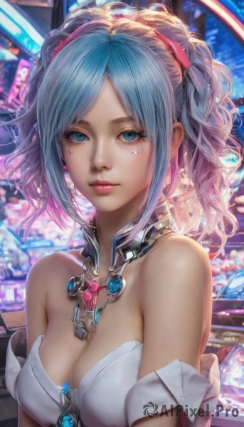 1girl,solo,long hair,breasts,looking at viewer,short hair,bangs,blue eyes,large breasts,hair ornament,dress,cleavage,bare shoulders,twintails,jewelry,medium breasts,closed mouth,blue hair,upper body,pink hair,heart,multicolored hair,necklace,blurry,two-tone hair,lips,parted bangs,eyelashes,strapless,gradient hair,makeup,detached collar,facial mark,gem,strapless dress,pink lips,realistic,nose,mascara,ribbon,collarbone,hair ribbon,sidelocks,artist name,signature,swept bangs,watermark,wavy hair,expressionless,pendant,backlighting,neon lights