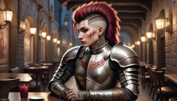 1girl,solo,long hair,breasts,jewelry,sitting,upper body,ponytail,red hair,multicolored hair,earrings,indoors,armor,blurry,two-tone hair,cup,lips,tattoo,profile,makeup,blurry background,scar,chair,facial mark,table,lipstick,shoulder armor,scar on face,pauldrons,breastplate,realistic,nose,vambraces,red lips,hair pulled back,restaurant,wooden table,chainmail,plate armor,alternate costume,piercing,gauntlets,asymmetrical hair,undercut,facial tattoo,bar (place),mohawk