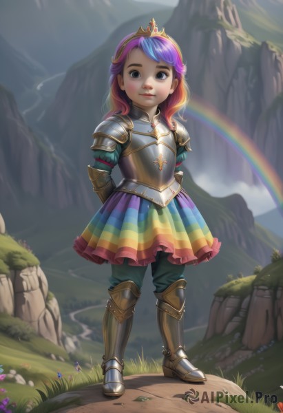 1girl,solo,long hair,looking at viewer,blush,smile,skirt,brown eyes,closed mouth,standing,full body,pink hair,purple hair,flower,multicolored hair,boots,outdoors,sky,puffy sleeves,pants,artist name,signature,armor,black eyes,two-tone hair,lips,gradient hair,watermark,arms behind back,grass,tiara,crown,shoulder armor,gauntlets,child,web address,multicolored clothes,breastplate,rock,mountain,armored dress,female child,armored boots,greaves,rainbow,multicolored skirt,rainbow hair,multicolored stripes,blue eyes,blue hair,aged down