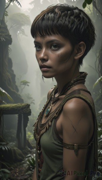 1girl,solo,breasts,looking at viewer,short hair,black hair,bare shoulders,brown eyes,jewelry,upper body,small breasts,outdoors,parted lips,sleeveless,dark skin,necklace,black eyes,from side,dark-skinned female,tree,lips,scar,nature,armlet,forest,freckles,nose,very short hair,very dark skin,tribal,leaf,plant,pendant,realistic,facepaint,dirty