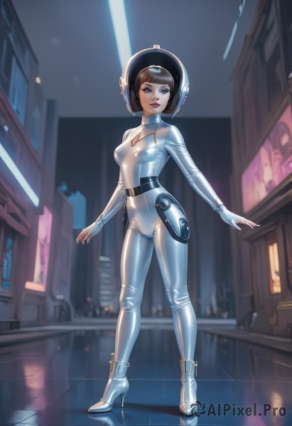 1girl,solo,breasts,looking at viewer,short hair,bangs,brown hair,black hair,gloves,brown eyes,medium breasts,standing,full body,small breasts,boots,shiny,belt,white gloves,fingerless gloves,high heels,lips,bodysuit,night,cameltoe,helmet,building,skin tight,reflection,science fiction,shiny clothes,realistic,white bodysuit,latex,spacesuit,reflective floor,blue eyes,parted lips,blunt bangs,shiny hair,blurry background,headgear,white footwear,bob cut,platform footwear,space helmet