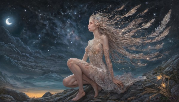 1girl,solo,long hair,breasts,blonde hair,dress,bare shoulders,medium breasts,sitting,very long hair,closed eyes,outdoors,parted lips,wings,sky,barefoot,pointy ears,cloud,white dress,tree,lips,see-through,bare legs,night,floating hair,moon,feathers,looking up,wind,star (sky),nature,night sky,scenery,starry sky,mountain,realistic,fantasy,crescent moon,cleavage,one knee,landscape