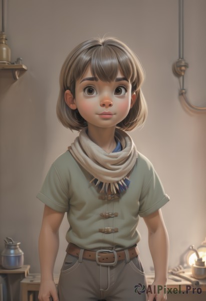 1girl,solo,looking at viewer,smile,short hair,bangs,brown hair,shirt,brown eyes,closed mouth,standing,short sleeves,cowboy shot,belt,pants,indoors,scarf,lips,thick eyebrows,blue shirt,denim,t-shirt,child,buckle,jeans,belt buckle,realistic,nose,green shirt,arms at sides,female child,brown belt,lamp,grey pants,light bulb