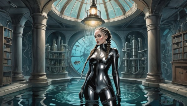 A female surrounded by a captivating dynamic scene