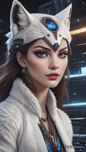 1girl,solo,long hair,looking at viewer,brown hair,hat,animal ears,brown eyes,jewelry,jacket,upper body,earrings,parted lips,open clothes,artist name,necklace,lips,coat,fur trim,eyelashes,makeup,lipstick,gem,pendant,eyeshadow,freckles,realistic,nose,winter clothes,red lips,eyeliner,animal hat,shirt,black hair,hair ornament,teeth,signature,dated,open jacket,headgear,watermark,thick eyebrows,portrait,web address,pink lips,headpiece,mascara