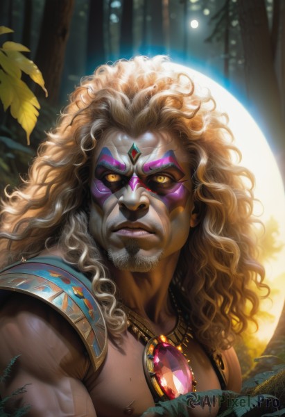 solo,long hair,looking at viewer,blonde hair,1boy,jewelry,closed mouth,nipples,yellow eyes,upper body,white hair,male focus,outdoors,artist name,signature,dark skin,necklace,armor,tree,lips,muscular,night,glowing,facial hair,leaf,watermark,wavy hair,facial mark,moon,dark-skinned male,thick eyebrows,pectorals,muscular male,gem,portrait,nature,glowing eyes,beard,full moon,forest,veins,curly hair,topless male,mature male,realistic,nose,manly,forehead jewel,colored sclera,facepaint