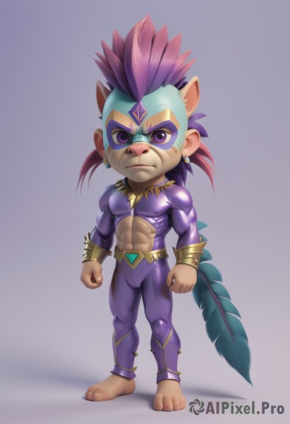 solo,looking at viewer,simple background,1boy,navel,animal ears,jewelry,closed mouth,standing,purple eyes,tail,full body,purple hair,male focus,earrings,barefoot,pants,grey background,crop top,mask,muscular,abs,feathers,pectorals,muscular male,furry,clenched hands,furry male,tight,red hair,multicolored hair,artist name,bracelet,bodysuit,spiked hair,skin tight,topless male,bracer,animal nose,mohawk