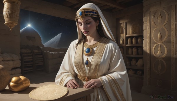 1girl,solo,long hair,brown hair,black hair,long sleeves,dress,brown eyes,jewelry,closed mouth,earrings,food,sky,indoors,dark skin,wide sleeves,necklace,dark-skinned female,lips,makeup,night,fruit,table,knife,gem,star (sky),veil,plate,starry sky,robe,realistic,headdress,shelf,gold,jar,weighing scale,sitting,closed eyes,one eye closed,white dress,book,ring,scenery,planet,white robe,globe