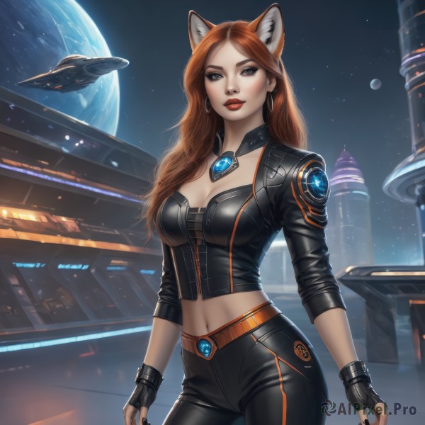 1girl,solo,long hair,breasts,looking at viewer,large breasts,brown hair,gloves,navel,animal ears,cleavage,brown eyes,jewelry,medium breasts,jacket,cowboy shot,earrings,sky,black gloves,midriff,belt,pants,cat ears,fingerless gloves,nail polish,orange hair,lips,fox ears,makeup,night,black pants,lipstick,star (sky),black nails,eyeshadow,science fiction,contrapposto,hoop earrings,aircraft,red lips,space,leather,planet,bustier,earth (planet),tight pants,spacecraft,red hair,necklace,black jacket,parted bangs,grey eyes,fox girl,dog ears,cropped jacket,realistic,tight,leather jacket,leather pants