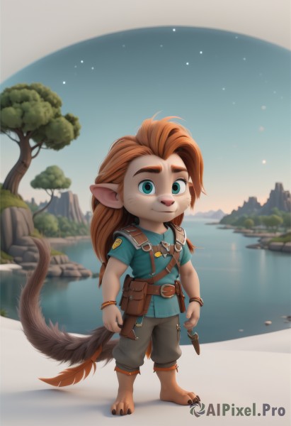 solo,long hair,looking at viewer,smile,blue eyes,brown hair,shirt,1boy,animal ears,jewelry,green eyes,standing,tail,full body,short sleeves,male focus,outdoors,sky,barefoot,pointy ears,belt,pants,artist name,water,orange hair,bracelet,tree,facial mark,blue shirt,child,furry,pouch,whisker markings,furry male,male child,body fur,river,1girl,weapon,braid,knife,rock,dagger,lake