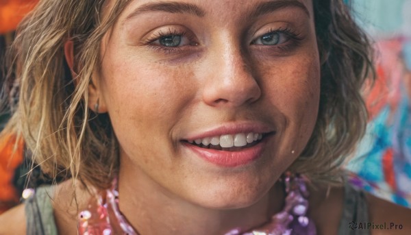 1girl,solo,looking at viewer,smile,short hair,open mouth,blue eyes,blonde hair,brown hair,jewelry,green eyes,earrings,teeth,necklace,blurry,lips,eyelashes,blurry background,portrait,close-up,realistic,nose,pearl necklace,mole on cheek,grin,freckles,bead necklace