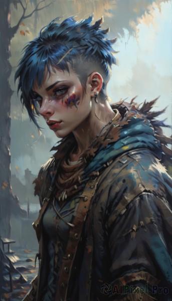 1girl,solo,breasts,looking at viewer,short hair,bangs,blue eyes,hair ornament,jewelry,blue hair,jacket,upper body,earrings,outdoors,parted lips,hairclip,hood,from side,tree,lips,fur trim,scar,facial mark,hood down,short ponytail,nose,stud earrings,facepaint,closed mouth,small breasts,sky,necklace,scarf,armor,eyelashes,tattoo,makeup,piercing,ear piercing,red lips,very short hair,facial tattoo,nose piercing