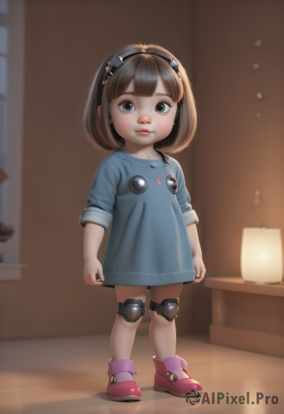 1girl,solo,looking at viewer,short hair,bangs,brown hair,hair ornament,dress,brown eyes,closed mouth,standing,full body,hairband,boots,shoes,hairclip,indoors,medium hair,blurry,black eyes,lips,loli,blurry background,blue dress,red footwear,child,sleeves rolled up,realistic,female child,lamp,knee pads,badge,button badge,shirt,heart,blue shirt,no pants,nose,pink footwear,oversized clothes