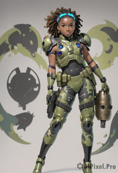 1girl,solo,long hair,looking at viewer,smile,brown hair,gloves,holding,brown eyes,standing,full body,weapon,boots,dark skin,grey background,holding weapon,armor,dark-skinned female,lips,gun,bodysuit,makeup,shoulder armor,holding gun,handgun,curly hair,breastplate,knee pads,camouflage,very dark skin,dreadlocks,thigh pouch,simple background,black hair,jewelry,hairband,earrings,dual wielding,pauldrons,nose,holster,shoulder pads,green gloves,elbow pads