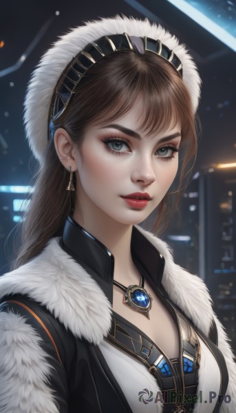 1girl,solo,long hair,breasts,looking at viewer,bangs,blue eyes,brown hair,hat,cleavage,jewelry,medium breasts,jacket,upper body,hairband,earrings,parted lips,necklace,blurry,lips,coat,grey eyes,fur trim,eyelashes,makeup,night,blurry background,lipstick,gem,pendant,freckles,realistic,nose,red lips,green eyes,artist name,thick eyebrows,eyeshadow