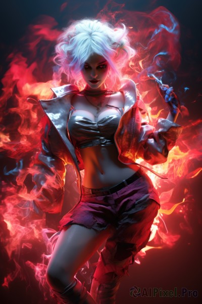 1girl,solo,breasts,looking at viewer,smile,short hair,red eyes,navel,cleavage,jewelry,medium breasts,jacket,white hair,multicolored hair,boots,open clothes,shorts,choker,midriff,belt,pants,hand up,necklace,open jacket,lips,torn clothes,strapless,makeup,glowing,fire,lipstick,glowing eyes,red jacket,smoke,colored sclera,cropped jacket,black sclera,red lips,tube top,asymmetrical clothes,aura,fiery hair,glowing hair,gloves,earrings,fingerless gloves,crop top,colored skin,spikes