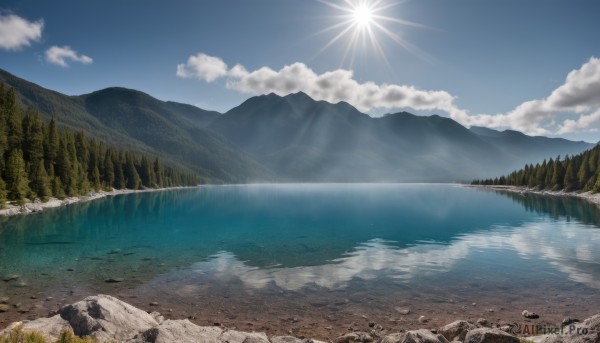 outdoors,sky,day,cloud,water,tree,blue sky,no humans,sunlight,cloudy sky,grass,nature,scenery,forest,reflection,rock,mountain,sun,river,landscape,mountainous horizon,lake,ocean,beach,shore