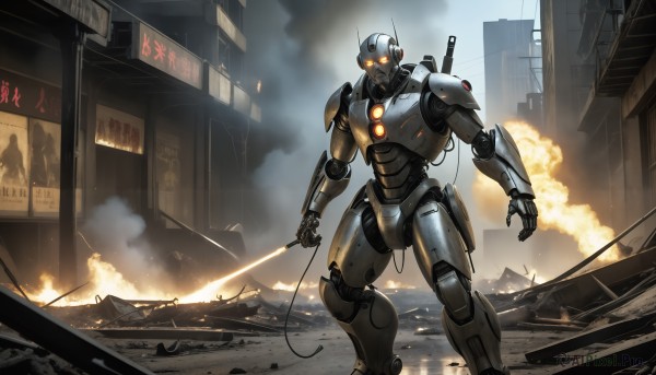 HQ,solo,1boy,holding,standing,weapon,outdoors,sword,holding weapon,orange eyes,no humans,glowing,holding sword,katana,fire,robot,ground vehicle,building,mecha,glowing eyes,motor vehicle,smoke,science fiction,city,sign,realistic,cable,open hand,explosion,ruins,damaged,destruction,radio antenna,military,rain,military vehicle,power lines,energy sword