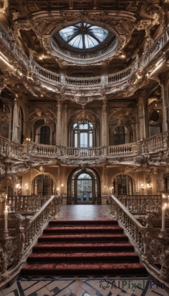 indoors,no humans,window,sunlight,scenery,stairs,fantasy,door,railing,candle,architecture,pillar,church,arch,candlestand,chandelier,column,ceiling,carpet