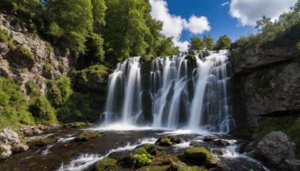 outdoors,sky,day,cloud,water,tree,blue sky,no humans,nature,scenery,forest,rock,mountain,river,waterfall,landscape,cliff,moss,cloudy sky,stream