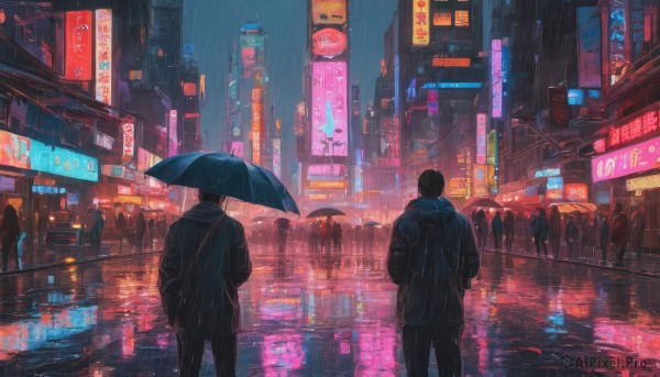 short hair, black hair, holding, jacket, outdoors, multiple boys, bag, from behind, dutch angle, night, umbrella, backpack, building, scenery, reflection, rain, holding umbrella, city, sign, road, street, city lights, cyberpunk, neon lights