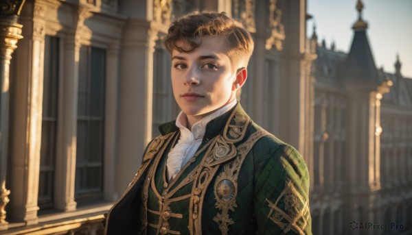 solo,looking at viewer,short hair,brown hair,shirt,1boy,brown eyes,closed mouth,jacket,white shirt,upper body,male focus,outdoors,blurry,black eyes,vest,lips,blurry background,green jacket,realistic,pillar,church,day,ascot,sunlight,brooch,medal