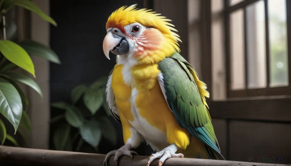 HQ,solo,closed mouth,standing,wings,day,indoors,blurry,black eyes,no humans,window,depth of field,blurry background,bird,animal,leaf,feathers,plant,claws,realistic,potted plant,animal focus,talons,beak,parrot,looking at viewer,brown eyes,full body,outdoors