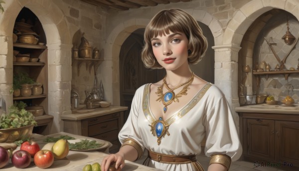 1girl,solo,breasts,looking at viewer,smile,short hair,bangs,brown hair,shirt,dress,cleavage,brown eyes,jewelry,closed mouth,collarbone,upper body,short sleeves,earrings,food,puffy sleeves,belt,indoors,blunt bangs,necklace,white dress,lips,eyelashes,window,makeup,fruit,table,bob cut,knife,plant,lipstick,gem,pendant,plate,bowl,crystal,nose,fantasy,apple,basket,red lips,brown belt,bread,shelf,kitchen,jar,vegetable,counter,potato,kitchen knife,cutting board,onion,blush,holding,medium breasts,bottle,realistic,clock,potted plant,candle,wall,gold,vase,cabinet