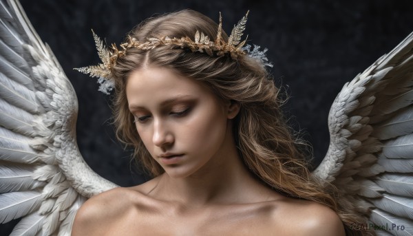 1girl,solo,long hair,blonde hair,brown hair,hair ornament,bare shoulders,closed mouth,collarbone,closed eyes,nude,wings,lips,eyelashes,half-closed eyes,portrait,feathered wings,angel wings,realistic,white wings,angel,head wreath,upper body,parted lips,looking down,black background,freckles,laurel crown