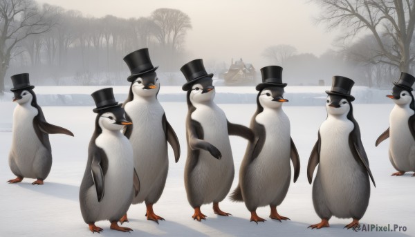 hat,standing,outdoors,tree,no humans,bird,animal,snow,top hat,animal focus,winter,bare tree,penguin,flock,looking at viewer,scenery