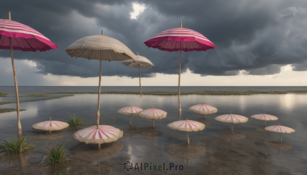 outdoors,sky,day,artist name,cloud,signature,water,no humans,umbrella,watermark,cloudy sky,grass,scenery,reflection,rain,parasol,reflective water,lake