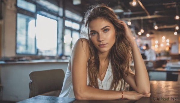 1girl,solo,long hair,breasts,looking at viewer,blue eyes,brown hair,dress,cleavage,jewelry,medium breasts,sitting,upper body,earrings,sleeveless,indoors,dark skin,necklace,white dress,blurry,bracelet,dark-skinned female,lips,depth of field,blurry background,chair,table,tiara,hand in own hair,realistic,nose,bare shoulders,window,tank top,curly hair,bokeh