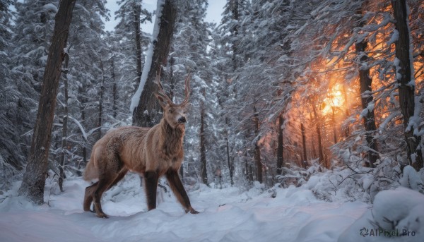 outdoors, tree, no humans, animal, nature, scenery, snow, forest, winter, bare tree, deer