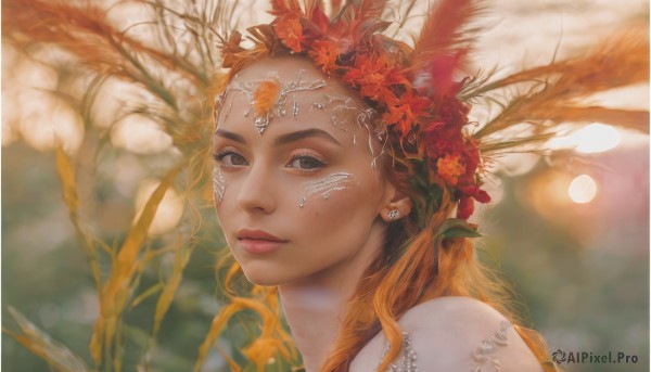 1girl,solo,long hair,looking at viewer,brown hair,hair ornament,brown eyes,jewelry,closed mouth,flower,multicolored hair,earrings,hair flower,orange hair,blurry,dark-skinned female,lips,eyelashes,makeup,depth of field,blurry background,leaf,facial mark,piercing,feathers,plant,portrait,freckles,circlet,realistic,nose,feather hair ornament,outdoors,artist name,watermark,red flower,gem,web address,forehead jewel,bokeh