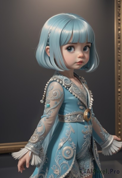 1girl,solo,looking at viewer,short hair,bangs,blue eyes,long sleeves,dress,jewelry,closed mouth,blue hair,standing,cowboy shot,hairband,shiny,blunt bangs,necklace,from side,lips,see-through,blue dress,bob cut,gem,child,nose,female child,hair ornament,belt,realistic