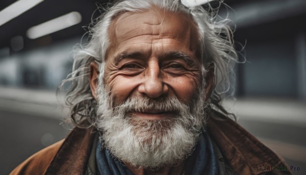 solo,looking at viewer,smile,1boy,closed mouth,white hair,grey hair,male focus,indoors,scarf,blurry,coat,depth of field,blurry background,facial hair,scar,half-closed eyes,messy hair,portrait,beard,brown jacket,mature male,realistic,mustache,manly,old,brown coat,old man,wrinkled skin,jacket,upper body,black eyes,lips,grey eyes,ground vehicle,motor vehicle,curly hair