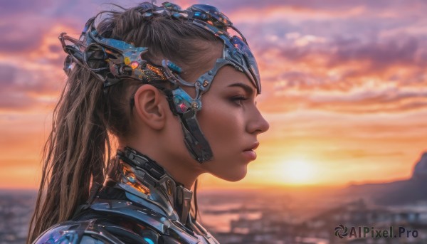 1girl, solo, long hair, brown hair, ponytail, outdoors, sky, cloud, blurry, from side, lips, profile, headgear, science fiction, sunset, realistic, nose