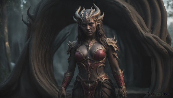 HQ,1girl,solo,long hair,breasts,looking at viewer,large breasts,brown hair,black hair,red eyes,cleavage,medium breasts,closed mouth,outdoors,wings,horns,pointy ears,armor,blurry,tree,lips,blurry background,colored skin,shoulder armor,gauntlets,nature,forest,vambraces,colored sclera,pauldrons,realistic,black sclera,fake horns,undead